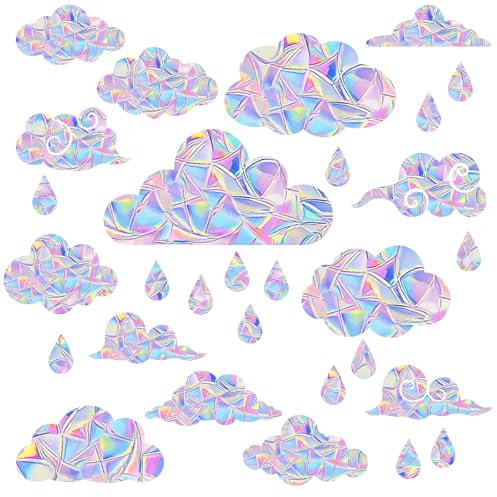 Gosknor 58 Stück Regenbogen-Fensteraufkleber, Wolken und Regentropfen Reflektierende Vogel-Antikollisionsaufkleber Nicht Klebende Statische Prismen-Fensterdekorationen für Glas