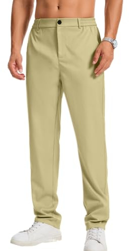 LVCBL Pantalon chino stretch pour homme été coupe droite pantalon de loisir couleur unie avec élastique à la ceinture, kaki, XL