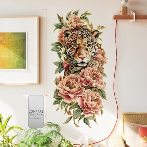 WandSticker4U®- Edeles Wandtattoo LEOPARD & BLUMEN mit goldenen Konturen (60x30 cm) I Wandaufkleber exotisches Tiermotiv mit Pfingstrosen I Wandsticker Wohnzimmer Schlafzimmer Safari Tiere