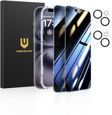 UNBREAKcable Privacy Screen Protector for iPhone 16 (6.1-Inch), 2-Pack + 2 Lens Protectors｜25° Anti-Spy｜9H Hardness｜Anti-Fingerprint｜HD Clarity Tempered Glass