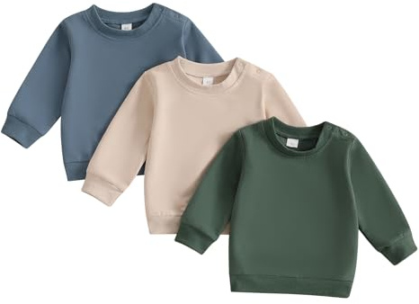 Geagodelia Baby Toddler Boy Sweatshirts Spring Fall Long Sleeve Infant Boys Solid Color Pullover Tops Elastic Jumper Outfit Clothes 3PCS (Beige, 18-24 Months)