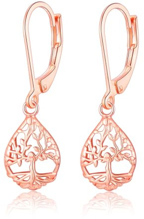 Rose Gold Tree of Life Drop Earrings for Women, Vintage Hollow Dangle Earrings, Hypoallergenic Teardrop Leverback Earring Jewellery Gifts for Mom Wife