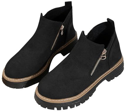 HOODUO Botas Invierno Mujer,Botas Vaqueras Mujer Cómoda Casual Planas Calentar Piel Forro Cordones Botines Western Botines Estilo Punk Trekking Zapatos con Tacón Cuña Casual o de Fiesta