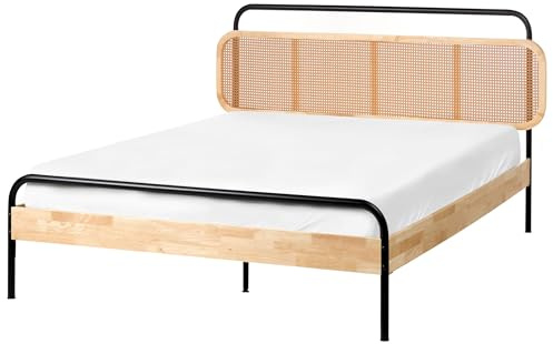 Beliani Modern EU Double Size Bed Frame 4ft6 Slatted Base Viennese Braid Headboard Light Brown Boussicourt