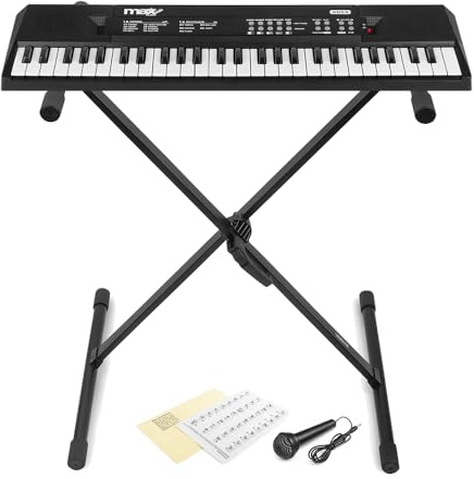 MAX KD54 Portable 54-Key Electronic Music Keyboard Bundle with Key Note Stickers, Built-in Rechargeable Battery, Microphone & USB-C, Kids Beginner Keyboard Kit, Black