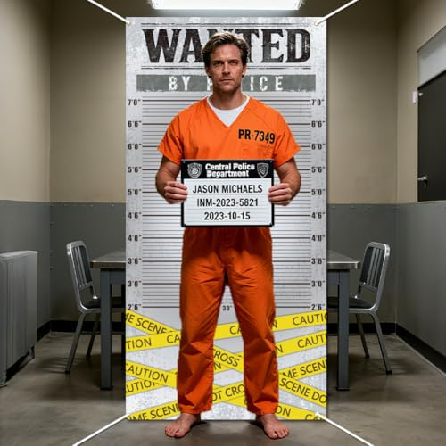 WADORN Wanted Arrested Height Decorations Backdrop, 5.9x2.9Ft Mugshot Theme Party Banner Backdrops Murder Suspense Photography Background Photo Booth Props for Birthday Party Decors Supplies