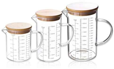 Messbecher Set 3 aus Glas, 1L/500ml/350ml Flüssigkeits Messbecher Glas, Hitzebeständiges Borosilikatglas, Measuring Cups mit Griff und V-förmigem Ausguss für Küche oder Restaurant