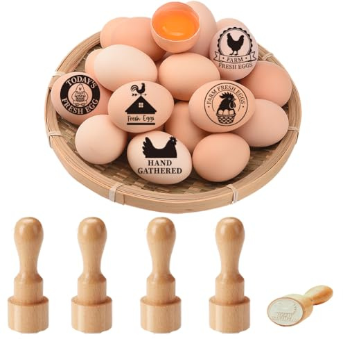 PRESSINART 5 Stück 5 Designs Frisch Vom Bauernhof Ei Stempel Gummistempel Für Eier 0.63 Zoll Mini Runder Holzstempel Niedlicher Frisch Vom Bauernhof Stempel Ideal Für Hühnerhalter Bauern Homesteader