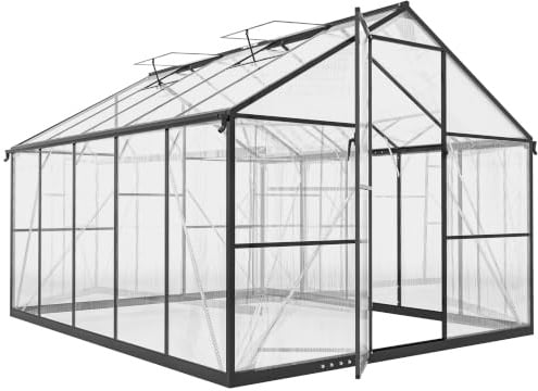 Outsunny Serra da Giardino Policarbonato con Grondaie 304x247x205cm Nero | 7.5㎡, Telaio in Lega di Alluminio, Serra per Orto, 2 Finestre a Tetto Regolabili, Porta a Battente, Anti UV, per Piante