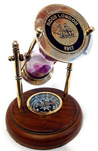 kartique handgefertigt Messing Sand Timer N Kompass auf Holzsockel | Stunde Glas | Sand Uhr | Höhe 12,7 cm | 1 Minute