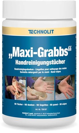 TECHNOLIT Maxi-Grabbs Handreinigungstücher 90 Stück | NSF-zertifiziert | Wasserlose Reinigung gegen Öl, Fett, Kleber & Teer | Schnelltrocknend | Ideal für Werkstatt, Baustelle oder Kfz-Betriebe