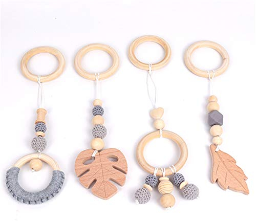 RAILONCH 4 Stück Anhänger Spielzeuge Set für Baby, Spieltrapez Holz Spielbogen für Babys, Babygymnastik aktiv Spielzeug (Grau)