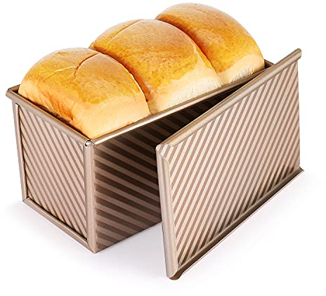 Flexzion Pullman Loaf Pan with Lid Bread Loaf Pan for Homemade Bread 1lb Dough Capacity Gold Corrugated Square Bread Mold, Cake, Sandwich Sourdough, Toast Form Pullman Bread Pan with Lid for Baking