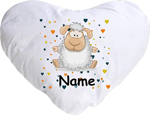 Kuschelkissen Schaf mit Wunschnamen Tiermotiv Herzen Sterne, Kinderzimmer Kuscheln, Kopfkissen Dekokissen mit Füllung, Form Herz Größe 40X44cm, Farbe weiß