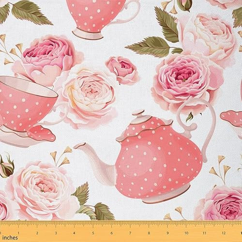 Feelyou Floral Fabric by The Yard, Romantische Rose Teetassen Polsterstoff für Stühle, Vintage Stil Nachmittagstee Druck Dekorativer wasserdichter Outdoor Stoff, 2,7 m, Rosa