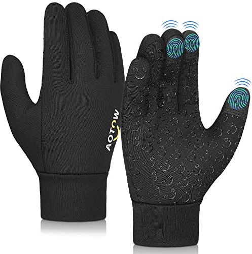 AOTOW Kids Winter Warm Sports Gloves - Cold Weather Snow Toddler Water-Resistant Thermal Cycling Grip Glove for Running Riding Football, Touch Screen Children's Mittens Age 4 6 Years Boys Girls Black