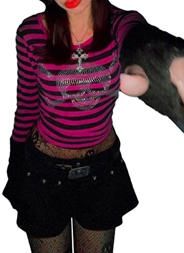 Womens y2k Gothic Punk Skull Crop Top E-Girls 90s Goth Vintage Long Sleeve T Shirt Graphic Print Streetwear (Pink, Small)