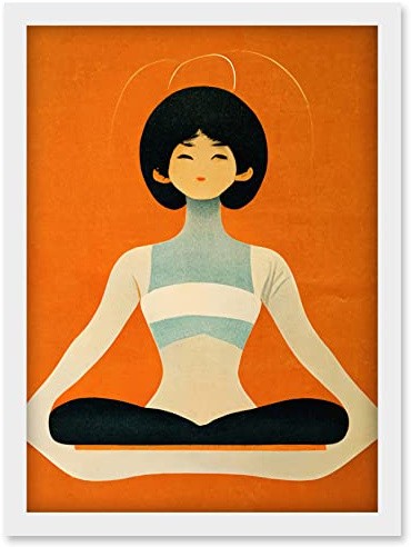 Doppelganger33 LTD Peaceful Japanese Woman In Yoga Pose Orange Black Quirky Artwork Framed Wall Art Print A4