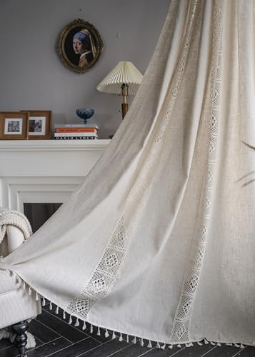 iyoimono Boho Vorhänge Beige Leinen Muster Vintage Vorhänge Landhausstil Häkeln Stricken Gardinen,Polyester Baumwolle Lace Transparent Vorhang für Küche Wohnzimmer Schlafzimmer,2 Stück,B150×H200cm