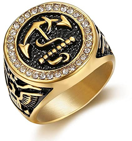 PikaLF USN Ankerring für Herren, Goldener Ring des fliegenden Adlers, Seemanns-Ankerring aus weißem Kristallglas, Ring der United States Navy, Punk Viking Schmuck (17.3)