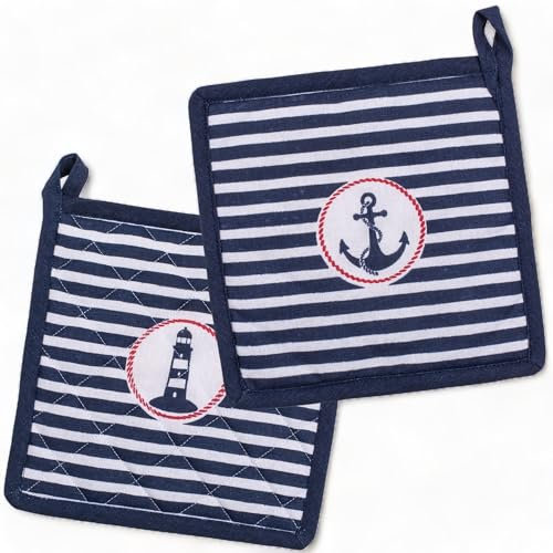 2er-Set Topflappen Topfhandschuhe Ofenhandschuhe hitzebeständig, waschbar, zum Kochen Backen (20x20cm, Gestreift Maritim)