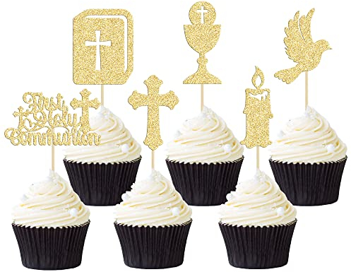 Gyufise 24Pcs First Holy Communion Cupcake Toppers Glitter Dove Cross God Bless Cupcake Picks Christian Baby Baptism Theme Cake Decorations for Baby Shower Birthday Party Supplies Gold
