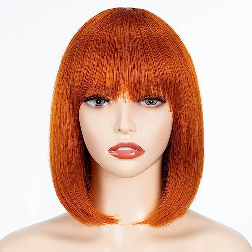 FASHION IDOL Kurze gerade Bob Spitze Perücke für Frauen Shell Ends Serie zeigen ein kleines Gesicht 24cm Natürliche Orange Echthaar-Kopfbedeckung