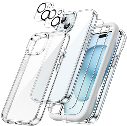 JETech 5 in 1 Case for iPhone 15 6.1-Inch with 2-Pack Each Tempered Glass Screen Protector and Camera Lens Protector, Non-Yellowing Shockproof Bumper Phone Cover (Clear)