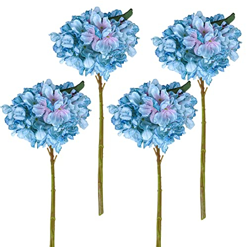 VaryFloral 4 Stück Hortensien Kunstblumen Blau Blumenstrauß Künstlich Seide Kunstblumen Wie Echt Hortensien Kunstblumenstrauß mit Stielen für Hochzeit Fensterbank Deko Blumenarrangement
