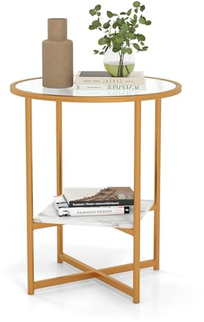 LIFEZEAL Mesa Auxiliar Redonda de Cristal Templado, Mesita de Sofá de 2 Pisos, Mesa Auxiliar de Estructura Metálica, Diseño Moderno, 50 x 50 x 60 cm, Dorado
