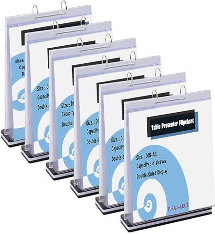 TUKA-i-AKUT 6er A5 Tisch-Flipchart aus Acryl mit Basis, Beidseitig Präsentation Flipchart, Aufstellringbuch, 6 Hüllen T Form Desktop Flip Chart, Tischaufsteller A5 Hoch Format, TKD8210-A5-6x
