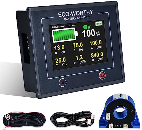 ECO-WORTHY Indicateur de Charge Batterie Compteur de Batterie 12 V/24 V/36 V/48 V 200A, Écran Tactile 3,5 avec Alarme pour Batterie 10-100 V LiIon/LiFePO4/ Gel