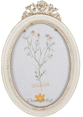 Clayre & Eef Bilderrahmen 13x18 cm Weiß Goldfarbig Kunststoff Glas Oval Fotorahmen