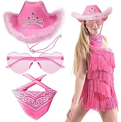 Sanfly Cowgirl Hat Set 3pcs Pink Cow Print Cowboy Hut Herz Form Brille Paisley Cowboy Bandanas Pailletten Western Cowboy Accessoires
