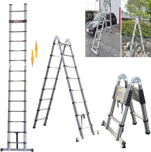 3.8M Telescopic Folding Aluminium Ladder with Stabilizer Bar, Extends to 1.9+1.9M, 330lb Capacity
