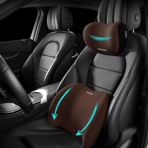 Sothuba Auto Lendenwirbelstützkissen und Auto Nackenkissen Kit, Ergonomische Autositz Kopfstütze & Lendenkissen mit verstellbarem Gurt zur Linderung von Nackenschmerzen Rücken für