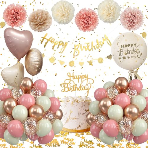 Déco Anniversaire Beige avec Ballons Or Rose Rétro, Pompons en Papier pour Filles et Femmes