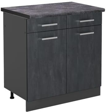 Vicco Küchenunterschrank R-Line, Schwarz Beton, 80 cm | 2 Schubladen · Arbeitsplatte Anthrazit · Höhenverst. Füße · 2 Türen · ✓ Leichter Zugriff