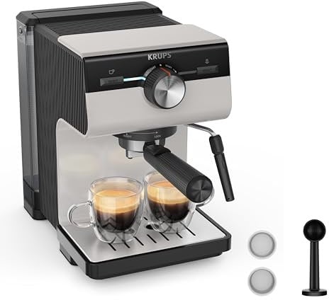 Krups Cafetera Espresso Manual, Authentic, 15 bares de presión, Espumador de leche, Ajuste Manual, Cuchara Medidora y Compactadora, depósito de 2 L de capacidad, Inox, XP381B