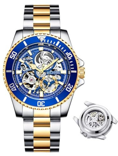 DAXIAOYU Herrenuhr Vollautomatische Mechanische Uhr Hohl Mode Wasserdicht Student Male Watch Water Ghost Series Tourbillon Uhr, Goldfarben/Blau, Luxuriös