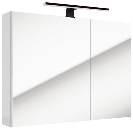 Lomadox Badezimmer Spiegelschrank weiß Hochglanz lackiert mit LED Beleuchtung Aufbauleuchte 2-türig Glaseinlegeböden 80x65x15 cm