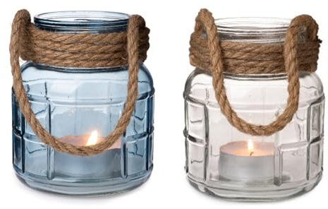 Laterne Windlicht Maritim (2er Set) klar & blau mit Jute-Henkel - Kerzenleuchte, Teelichthalter, Garten, Maritime Deko