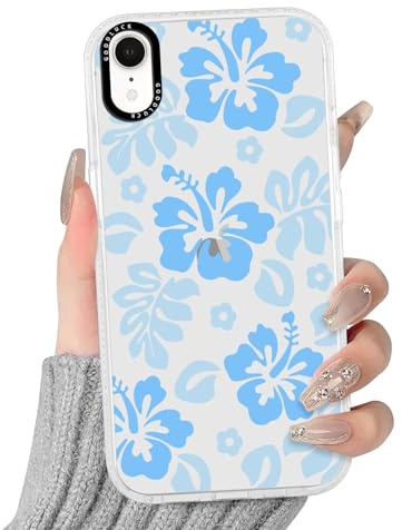 RUMDEY Clear Hibiscus Flower Case for iPhone XR 6.1, Cute Preppy Floral Crystal Pattern Aesthetic Design Soft Slim Anti-Yellow Protective Shockproof TPU Phone Cover for Women Girls - Blue