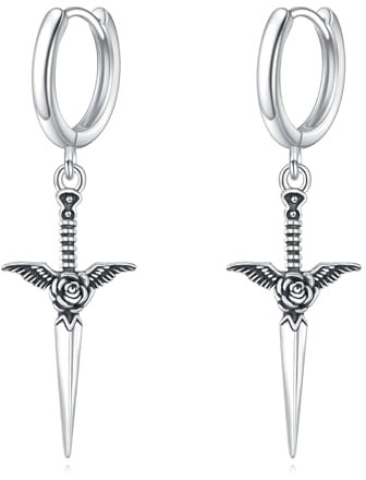 Rosen Dolch Ohrringe 925 Sterling Silber Rosen Tropfen Ohrringe Dolch Ohrhänger Rosen Schwert Schmuck Geschenk für Damen und Herren