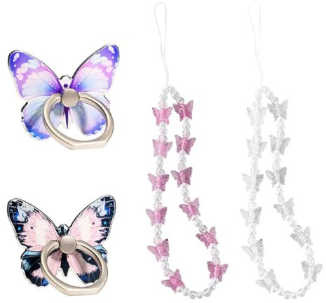 LSYYSL 2 Pieces Of Butterfly Ring Holders, 2 Pieces Of Butterfly Pearl Mobile Phone Chains, Creative Mobile Phone Pendants, Mobile Phone Accessories