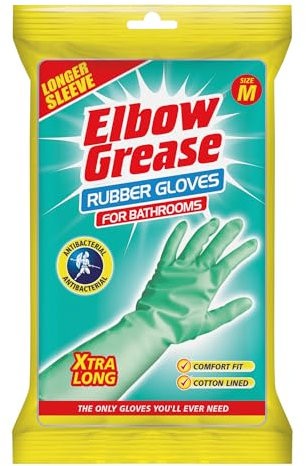 Elbow Grease Rubber Gloves for Cleaning Bathrooms - Cotton Lined with Extra Long Sleeve | Mint Blue with In-built Antibacterial Properties (1 Pair - Size Medium)