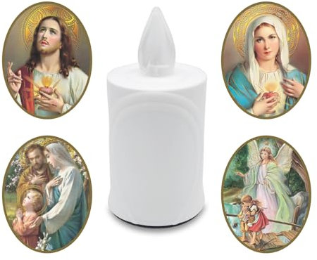 AROBA LED Grabkerze Trauerlicht - Flackereffekt wie echte Kerze - lange Brenndauer bis 120 Tage - wiederverwendbar Friedhofskerze Gedenkkerze - weiß inkl. Auswahl an Heiligen