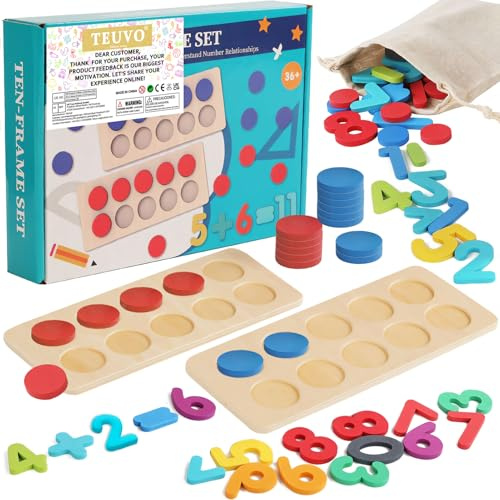 TEUVO Zählen Rechnen Lernen Holzspielzeug für Kinder, Montessori Mathematik Zahlenspiel für Addition & Subtraktion, Haus Vorschule Lehrreiche Mathe Spielzeug für 3 4 5 6 Jahre Jungen Mädchen