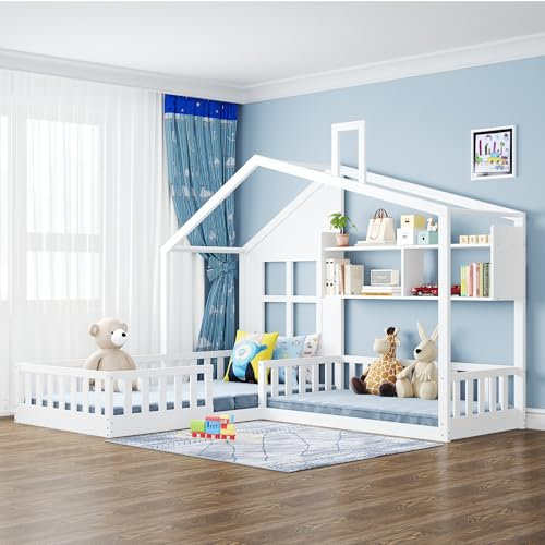 MYBOO Kinderbett Bodenbett Doppelbett 90x200&70x140 cm mit Sicherheitsgitter&Lattenrost&Schornsteinform&Fenster&Regalen, Montessori Bett Bed Gitterbett Hausbett Holzbett Bettgestell Jugendbett, Weiß