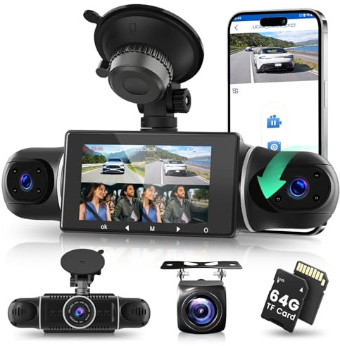Hodozzy Dashcam Ansicht 4 Kanal Vorne Hinten Innen Links Rechts, 1080P Dash Kamera für Autos, 3 Zoll Bildschirm, Autokamera Dashcam mit Wifi/64GB Karte/G-Sensor/24H Parkmodus/Nachtsicht/Loop-Aufnahme